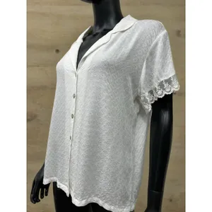 Flora Nikrooz‎ Lace Trim Top L | 100% Rayon | Short Sleeve Button Front thumbnail 3