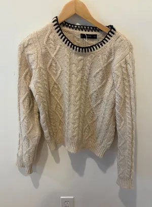 Mango MNG Cream Cable Knit Sweater Black Contrast Stitch Crew Neck Small thumbnail 1
