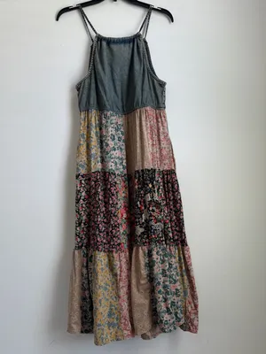 Young Threads Embroidered Denim Halter Patchwork Midi Dress Latte L NWT thumbnail 8