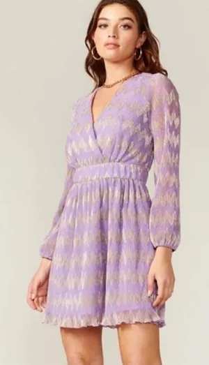 Adelyn Rae Lavender Gold Metallic Chevron Pleated Mini‎ Dress Long Sleeve Medium thumbnail 1