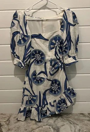 Alexis White Mini Dress with Blue Abstract Fan Print and Puff Sleeves thumbnail 1