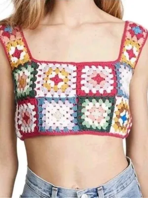 Farm Rio Anthropologie Crochet Cropped Granny Square Pullover Top Shirt XS thumbnail 1