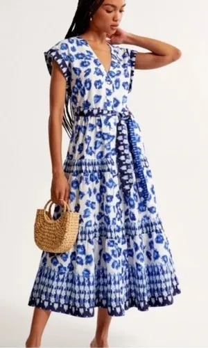 Abercombie NWT Blue Patterened Tiered Midi Tie Waist Shirt Dress Small Petite thumbnail 1
