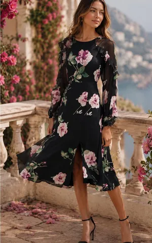Lulus Once And Flor All Black Floral Print Long Sleeve Woman’s Midi Dress size L thumbnail 1