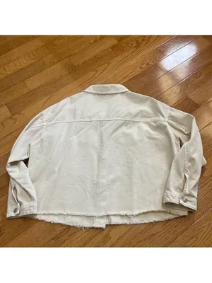 ZARA Cream Beige Cropped Frayed Hem Denim Cotton Jacket Utility Casual Boxy XL thumbnail 12