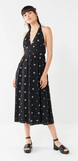 Urban Outfitters Floral Embroidered Halter Midi Dress Small thumbnail 1