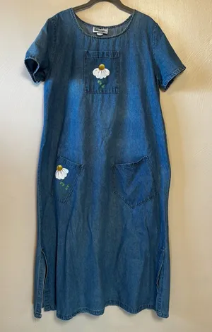 Vintage RAMA of USA‎ Women’s Dress Maxi Denim Boho Daisy Jean 100 % Cotton Large thumbnail 1