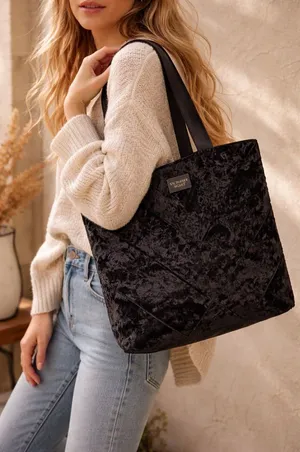 NWOT Victoria’s Secret Black Crushed Velvet Tote Bag Chic Minimal Luxe thumbnail 1