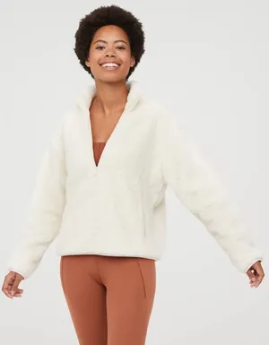 Aerie Offline Fluffy Sherpa Quarter Zip Sweatshirt in Toasted Coconut Size Small thumbnail 1