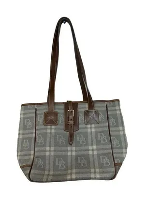 Vintage Dooney & Bourke Brown Tan Plaid Leather Trim Womens Purse Tote Bag thumbnail 1