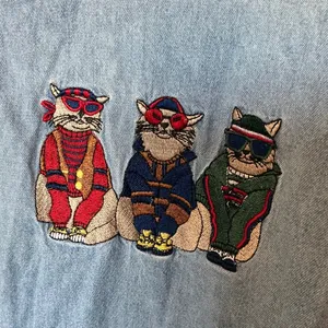 Vintage 90s Quizz Embroidered Cat Button Up W18 Blue thumbnail 3