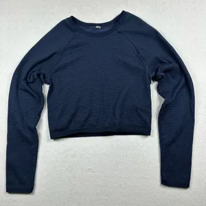 Aerie OFFLINE Cropped Long Sleeve Top Blue Waffle Knit Women’s Medium thumbnail 1