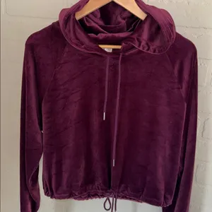 Garage velour cropped long sleeve hoodie Plush Burgundy large drawstring soft thumbnail 4