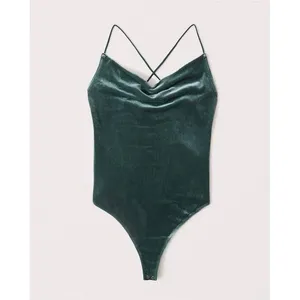 Abercrombie & Fitch Women Bodysuit M Green Velvet Cowl Neck Crisscross Straps thumbnail 2