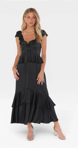 Show Me Your Mumu Reese Ruffle Black Satin Maxi Dress XS NWT thumbnail 1