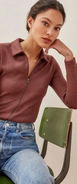 Reformation | Cinnamon Griet Collared Zip Knit Ribbed Sweater thumbnail 1