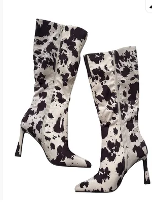 Ann Michell Brown and White Cow-Print Mid-Calf Heeled Boots thumbnail 1