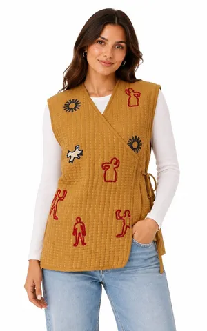 Zara Retro Bohemian Cottagecore Tan Quilted Adjustable V-Neck Wrap Vest thumbnail 1