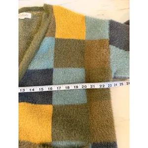Listicle Women Green Yellow Blue Checkerboard‎ Fuzzy Eyelash Knit Cardigan Large thumbnail 8