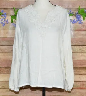 Calligraphie Linen Blend Blouse Women L Off White Crochet Embellished V Neck thumbnail 1