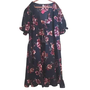 🆕 Xhilaration NEW L Dress Navy Blue Floral Babydoll Ruffle Peasant Sexy Date thumbnail 4