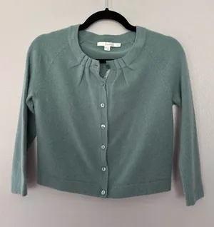 Boden 100% Cashmere Cropped Cardigan Pleated Neck Sage Green Size US 4 thumbnail 1