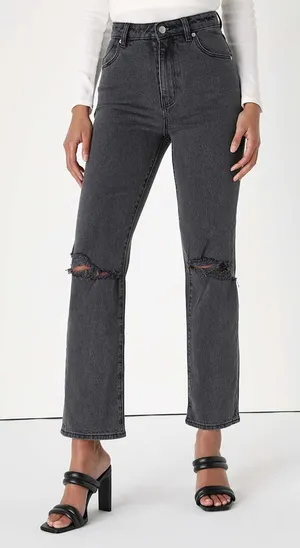 Rollas Original Straight Black High Rise Distressed‎ Denim Jeans size 27 thumbnail 1