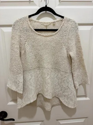 Anthropologie Knitted & Knotted Lace Hem High-Low Knit Sweater Cream Size S thumbnail 2