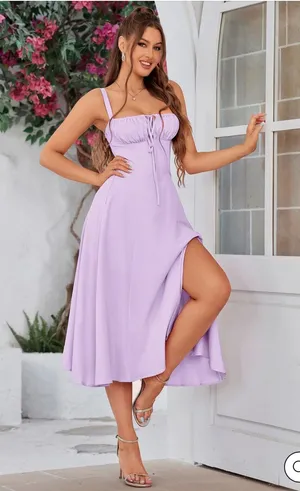 $69 NWOT Marthea Ruched Bust Split Thigh Cami Dress - Lilac L thumbnail 1