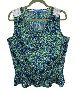 IZOD Colorful Floral Sleeveless Crochet Detail 1/2 Button Pullover‎ Blouse Sz XL thumbnail 1