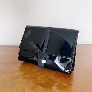 Dior • black patent leather cosmetic bag clutch pouch makeup case ribbon tie thumbnail 2