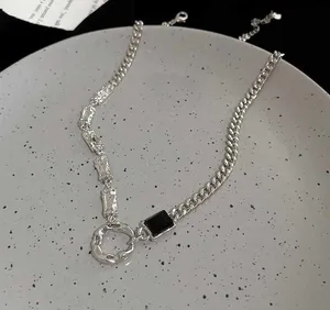 Titanium Steel Artificial Black Gem Ring Pendant Necklace for Men Women thumbnail 5