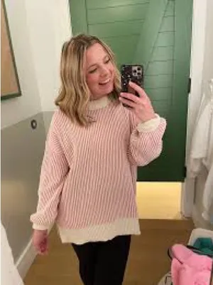 Aerie Beyond Chenille Pink & Cream White Sweater Ribbed Oversized Medium thumbnail 11