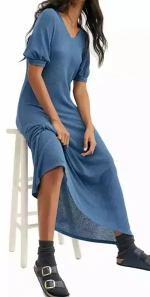 FP Beach women's size small blue knit Montauk midi sweater dress v neck puff sle thumbnail 1