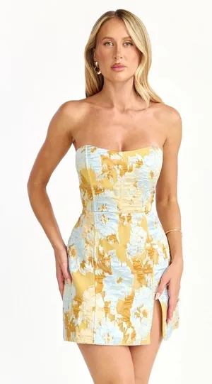 Showpo Brailey Strapless Mini Jacquard Homecoming Dress Women 12 Gold Glam Party thumbnail 1
