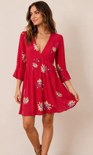 Free People Red Floral Wrap Dress Women’s S Bell Sleeve Boho Mini Dress thumbnail 1