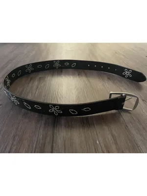 Y2K Women's Black Leather Belt with Embroidered Flowers Boho thumbnail 4