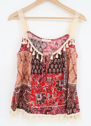 Illa Illa Tank Top Womens Medium Multi Floral Fringe Detailing Crochet Straps thumbnail 1