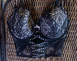 Victoria’s Secret Pink and Black Lace Corset Style Bra Size M DD thumbnail 1