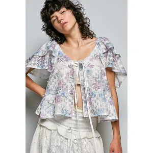 POL Lace Detail Floral Tie Front Ruffle Short Sleeve Blouse -‎ Off White - Large thumbnail 5