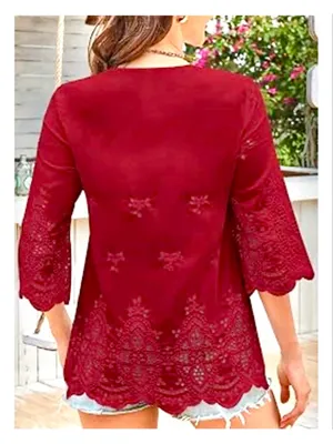 NEW Classic Red 3/4 Length Sleeve Eyelet Blouse Peasant Flowy Boho Top M thumbnail 2
