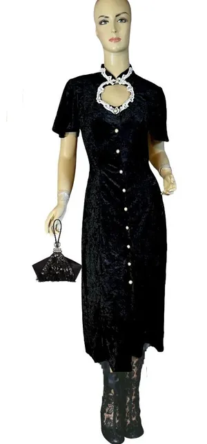 Vintage 1990'S All That Jazz Black Velvet & White Embroidered Collar Dress (6/8) thumbnail 1