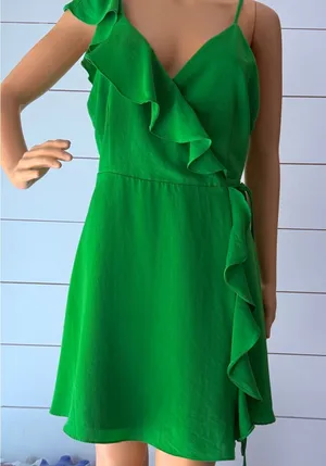 DO+BE Emerald Green Ruffle Wrap Mini Dress Sz L thumbnail 1