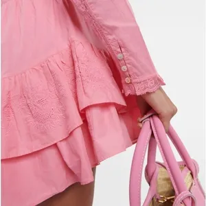 LoveShackFancy Sanaya Dress XL Vivid Pink‎ Long Sleeve Ruffle Tiered Lace Trim thumbnail 5