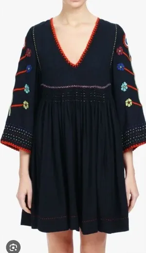 Ulla Johnson Masha Floral Embroidered Silk Pleated Tunic Dress Midnight Size 2 thumbnail 1