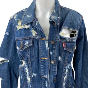 Levi's Blue Dark Wash Distressed Long Sleeve Button Down Denim Jeans Jacket Sz L thumbnail 3