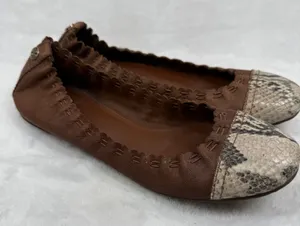 Tory Burch Leather Scalloped Ballet Flats‎ Snakeskin Cap Toe Logo 7.5 READ thumbnail 1