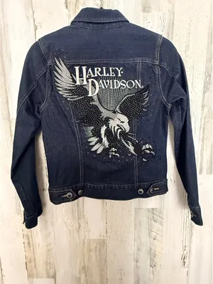 Harley-Davidson Women’s XS Denim Jacket Eagle Rhinestone Embroidered Moto thumbnail 4