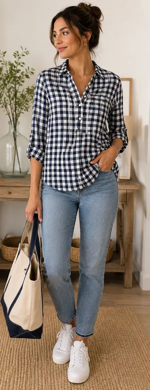 Tommy Hilfiger Navy and White Gingham Button-Down Cotton Shirt S NWOT thumbnail 1