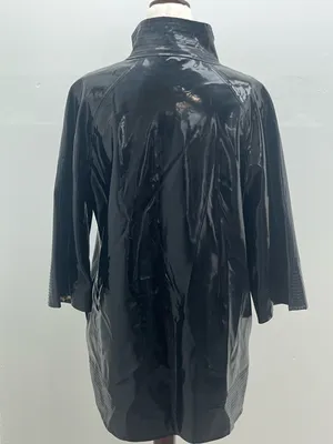 WD NY Black Patent Leather Faux Vinyl Leopard Print Lining Trench Coat Size 8 thumbnail 5